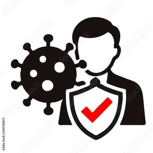 Minimalist Virus Protection Icon – Black & White with Red Accent, Flat Vector Illustration