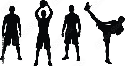 Silhouette of athletic men doing fitness training, workout exercises, sports activities, healthy lifestyle routines, gym poses, physical conditioning