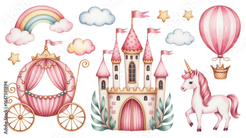Watercolor princess carriage castle unicorn rainbow and balloon illustration