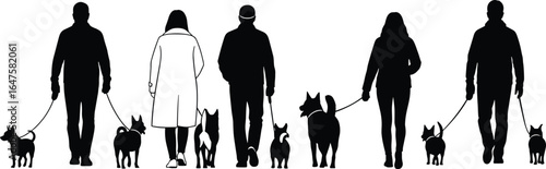 Silhouette of people walking dogs, pet owners with leashes, outdoor activity, dog walking routine, animal care, black vector art