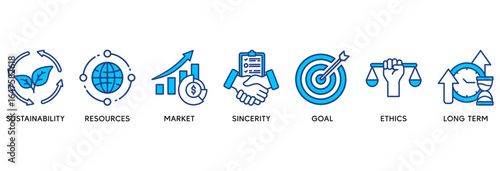 Corporate social responsibility icon set vector illustration concept relate to  sustainability, resources, market, sincerity, goal, ethics and long term