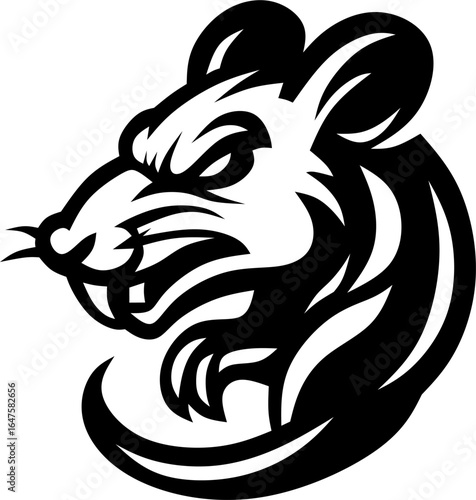 Black and white tribal-style vector illustration of a rat with bold lines and fierce expression. Ideal for logo, tattoo, mascot, or graphic decoration.