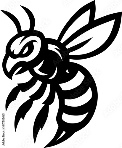 Black and white tribal-style vector illustration of a wasp or hornet with bold lines and aggressive expression