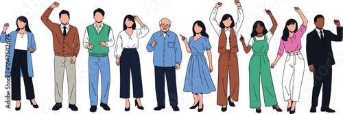 Silhouettes of people raising fists, protest gesture, solidarity pose, diverse clothing, unity symbol, black outline, activism vector