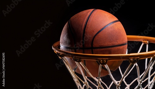 basketball going through the basket on black backgorund