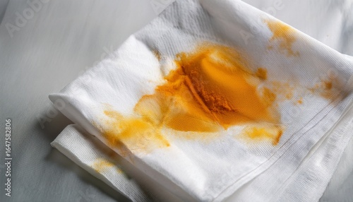 turmeric stains on white folded napkin close up of yellow orange liquid marks on fabric textured surface household cleaning challenge messy kitchen accident