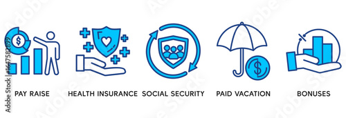 Employee benefits icon set vector illustration concept relate to  pay raise, health insurance, social security, paid vacation and bonuses