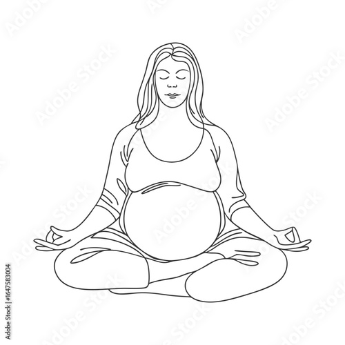 Pregnant woman sitting in lotus position and meditating. Sketch, line art illustration.