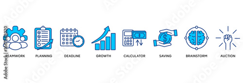 Business planning icon set vector illustration concept relate to  teamwork, planning, deadline, growth, calculator, saving, brainstrom, auction