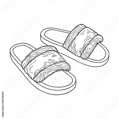 A pair of cozy house slippers with fur. Hand drawn illustration of slippers. Relaxing footwear illustration.
