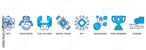 Gamefi icon set vector illustration concept relate to  defi, white paper, play to earn, digital token, nft, blockchain, pool rewards and staking