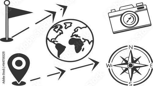 Illustration of various road signs including stop, pedestrian, traffic light and hazard signs