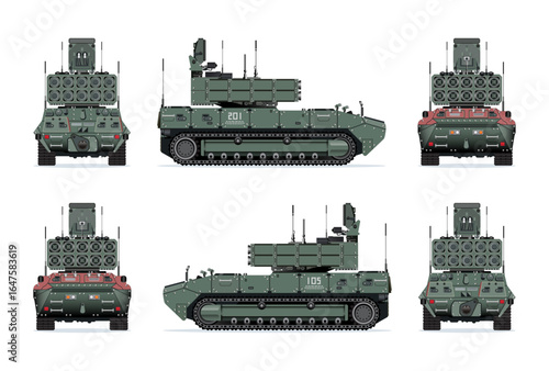 Anti Tank and Aircraft Missile vehicle military weapon rocket launcher model realistic highly detailed flat vector set illustration