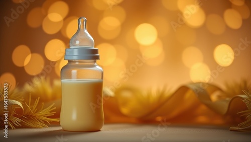 Wallpaper Mural a baby bottle with yellow liquid stands against a background of golden bokeh, tinsel, Torontodigital.ca