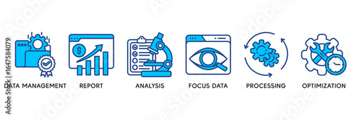 Data analysis icon set vector illustration concept relate to  data management, report, analysis, focus data, processing, optimization