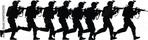 Military silhouettes, running soldiers, tactical motion, rifle ready, combat gear, army action, helmeted troops, warfare pose, battlefield illustration