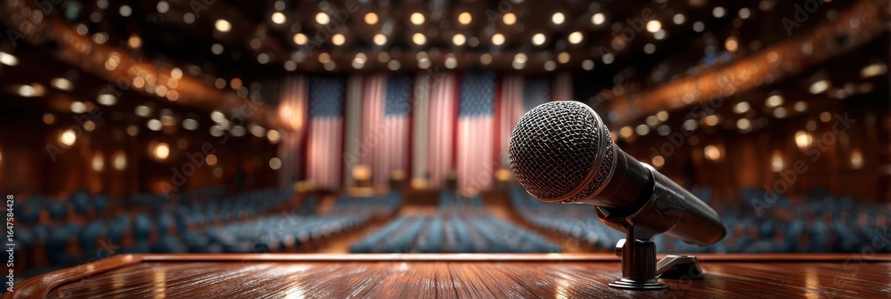 Fototapeta premium Podium with microphone in front of empty congressional chamber before an important session or speech
