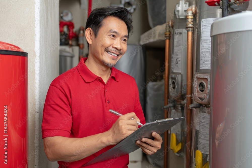 © Korawan - A man in a red shirt is writing on a clipboard © Korawan - A man in a red shirt is writing on a clipboard