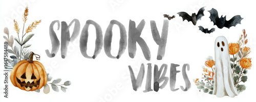 Spooky vibes with Halloween pumpkins, bats, ghost, and autumn leaves in festive watercolor style