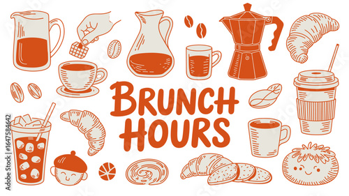 Breakfast or brunch with coffee and croissant doodle vector illustrations. Coffee cup mug icon in chalk, charcoal drawing style. Minimalist line art illustration for menus design, cafe decor or print.