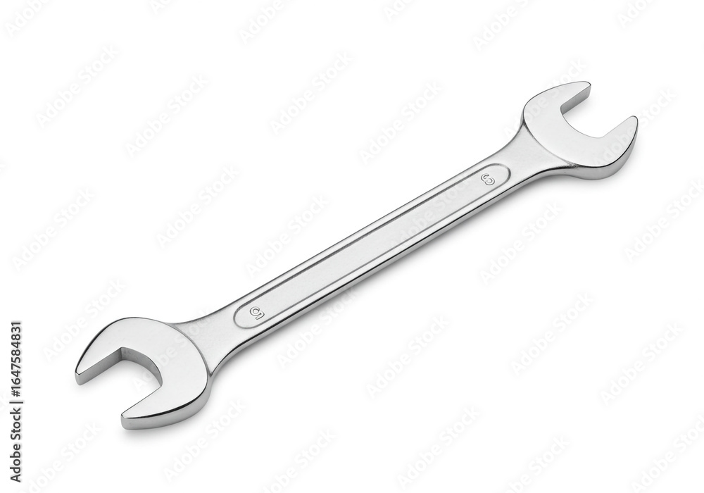 A single silver wrench lying diagonally on a plain white surface with a simple design visible on it A single silver wrench lying diagonally on a plain white surface with a simple design visible on it