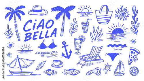 Italian or greek style vacation hand drawn vector icons or emblems in grunge chalk or charcoal rough doodle sketch style. Summer vacation illustrations in ink simple style for poster, placard print.