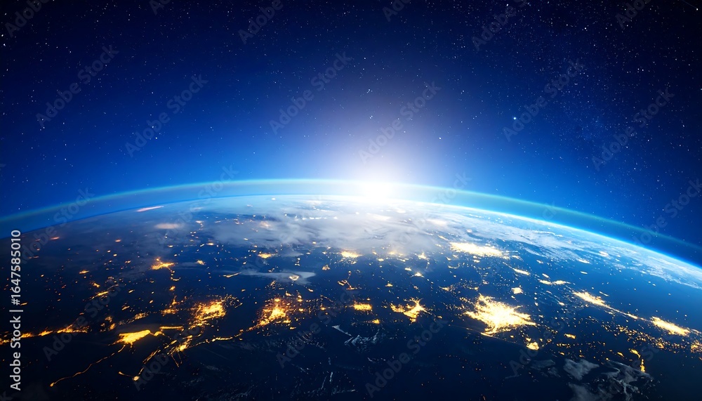 Obraz premium Earth from space with sunrise over city lights showing a beautiful planet