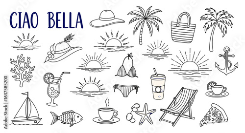 Italian or greek style vacation hand drawn vector icons or emblems in grunge chalk or charcoal rough doodle sketch style. Summer vacation illustrations in ink simple style for poster, placard print.