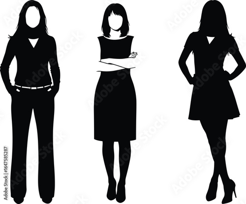 Stylish human silhouettes, fashion poses, casual and formal outfits, black figure illustration, confident stance, trendy clothing design