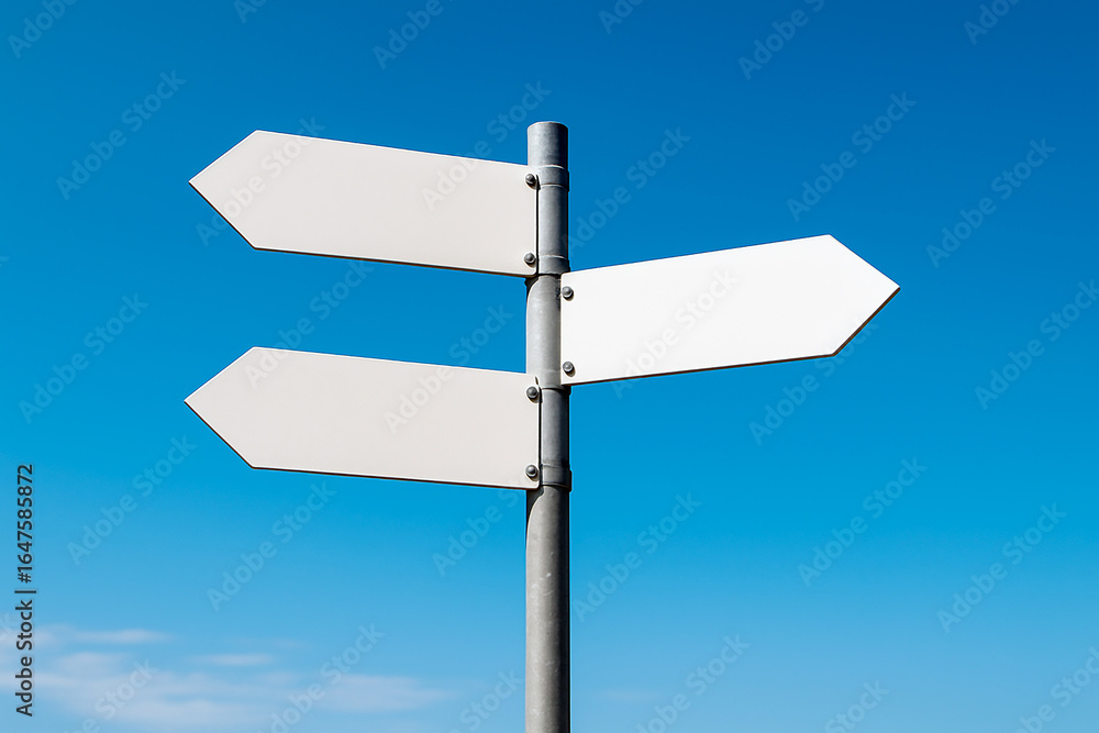 A blank white directional signpost with three arrow-shaped signs, angled in different directions against a clear blue sky. For illustrating choice, direction, decision-making, or travel concepts A blank white directional signpost with three arrow-shaped signs, angled in different directions against a clear blue sky. For illustrating choice, direction, decision-making, or travel concepts