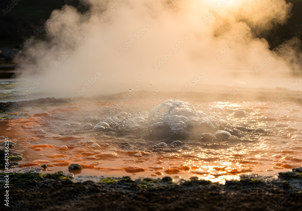 Fototapeta premium A close-up view of a bubbling geothermal pool with steam rising into the sunlight.
