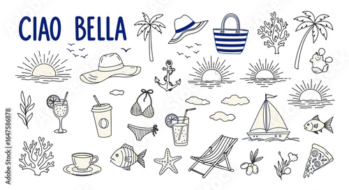 Italian or greek style vacation hand drawn vector icons or emblems in grunge chalk or charcoal rough doodle sketch style. Summer vacation illustrations in ink simple style for poster, placard print.