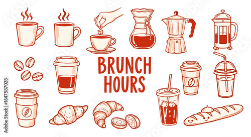 Breakfast or brunch with coffee and croissant doodle vector illustrations. Coffee cup mug icon in chalk, charcoal drawing style. Minimalist line art illustration for menus design, cafe decor or print.