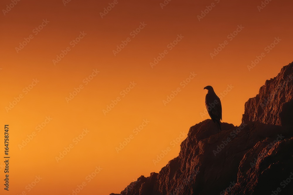 Naklejka premium Soaring Silhouette: An eagle perched on a rugged cliff edge, a symbol of strength and freedom, against a majestic sunset canvas of warm orange and golden hues.