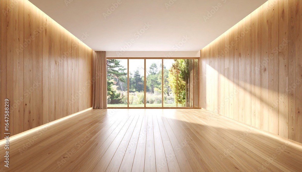 Fototapeta premium Empty light-filled modern room with hardwood floors and large windows