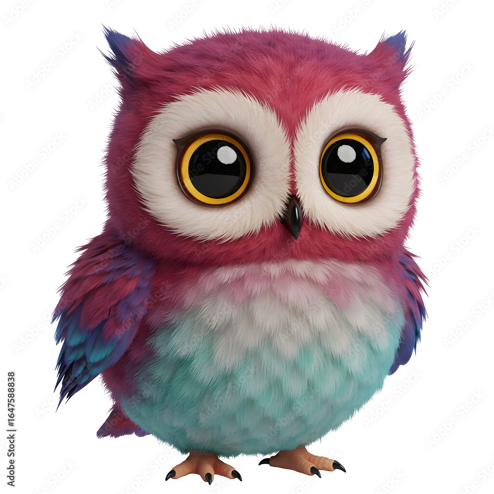 Fototapeta premium Colorful cute owl illustration with detailed feathers, isolated on white background, perfect for print, decor, and design projects.
