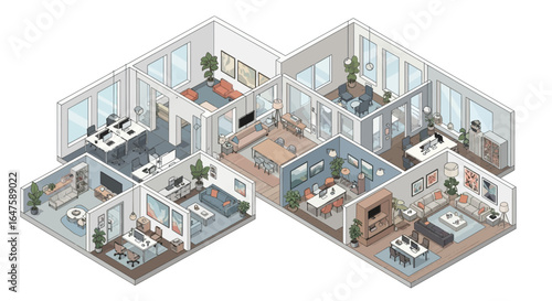 Isometric view of a modern open office space with multiple rooms and various furniture items displayed isometric drawing