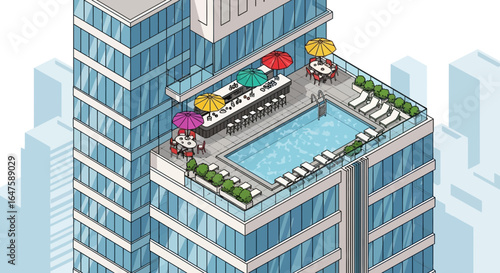 Isometric view of a skyscraper with a rooftop pool bar and lounge area with colorful umbrellas isometric drawing