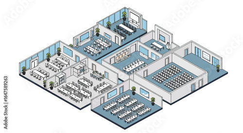 Isometric view of a multi room office floor plan with various meeting and conference room setups shown isometric drawing