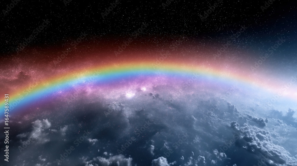 Fototapeta premium Vibrant rainbow arcing above earth with starry night sky