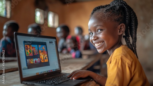 Joyful Child Engaged with Laptop in Classroom Setting