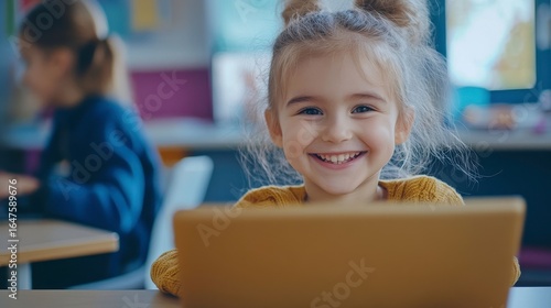 Happy Young Girl Engaged in Learning with a Laptop in Classroom