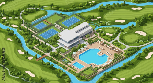 Aerial view of a modern resort with golf course tennis courts and swimming pools surrounded by greenery isometric drawing