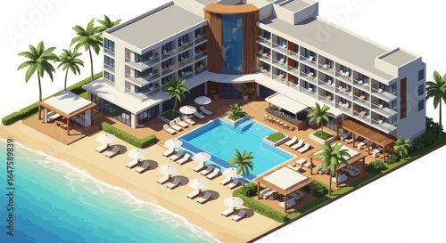 Isometric view of a beachside resort with a pool, palm trees, and oceanfront access for relaxation isometric drawing