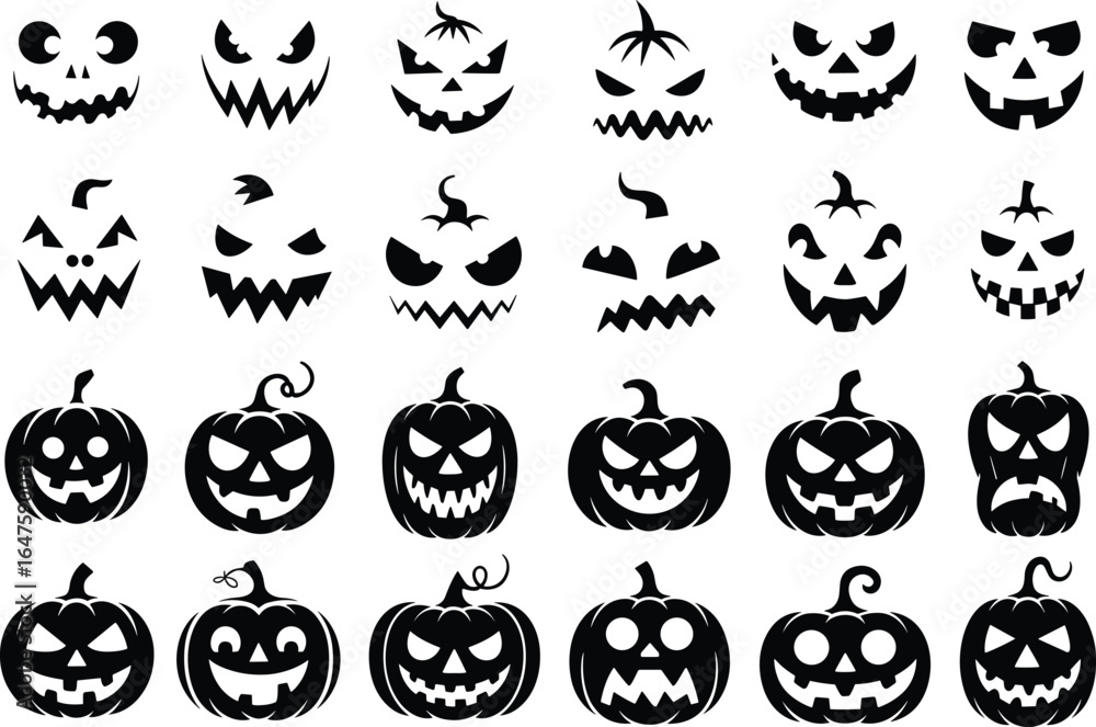 Obraz premium Collection of black and white Halloween pumpkin faces and jack o lantern designs carving