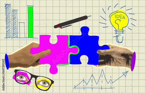 Trendy Halftone Collage Two Hands combine puzzle pieces. Teamwork and brainstorm concept. Business idea and solution. Partnership relationship. Contemporary art vector illustration
