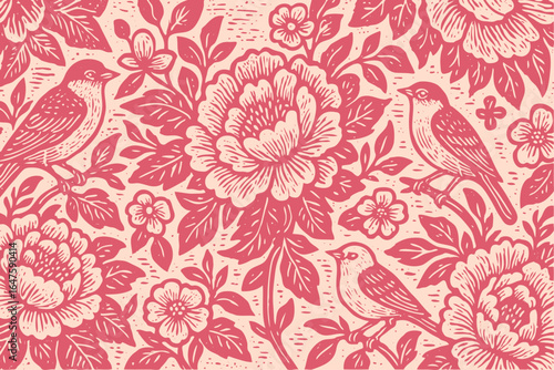 An elegant floral pattern featuring birds among blooming flowers. Vector background in a vintage, woodcut or block print art style.