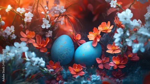 Vibrant Blue Eggs Surrounded by Colorful Flowers in Natural Setting
