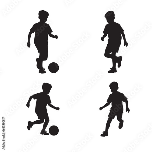 silhouette of young four boys kicking soccer ball on white
