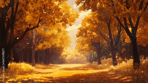 Serene Autumn Forest Pathway Surrounded by Vibrant Golden Leaves